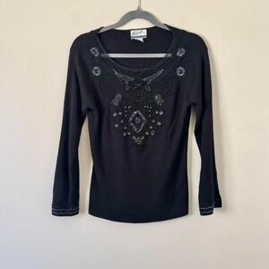 Black Beaded Knit Top Y2K whimsigoth seater floral